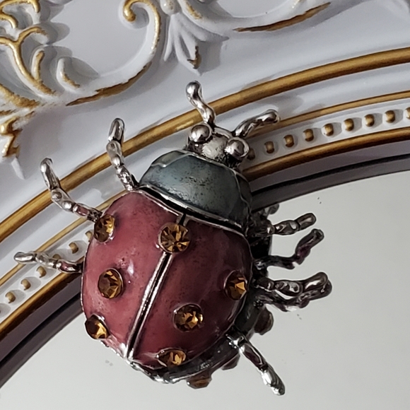 Ladybug dome brooch pin enamel crystals silver sparkly New vtg style - Picture 5 of 15